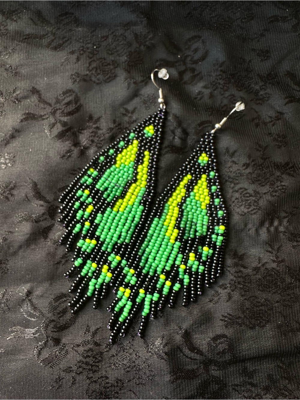 Handmade Green & Black Seed Bead Fringe Earrings